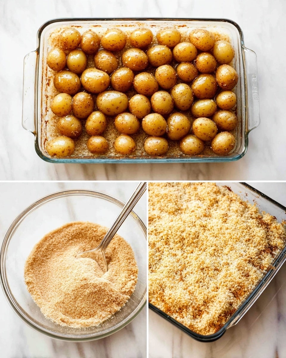 The image shows a clear rectangular glass baking dish on a white marbled surface with three steps of a recipe. The first step is a layer of breadcrumbs spread evenly on the bottom of the dish with a slightly rough, golden-brown texture. The second step adds a single layer of light brown baby potatoes arranged closely in rows on top of the breadcrumbs. The final step shows the baby potatoes slightly roasted, with a shiny, slightly wrinkled skin and a darker golden color on the breadcrumbs underneath. Next to the baking dish is a clear glass bowl holding a dry breadcrumb mix of fine, light tan crumbs, with a silver spoon dipped inside the bowl, stirring the mix. Photo taken with an iphone --ar 4:5 --v 7
