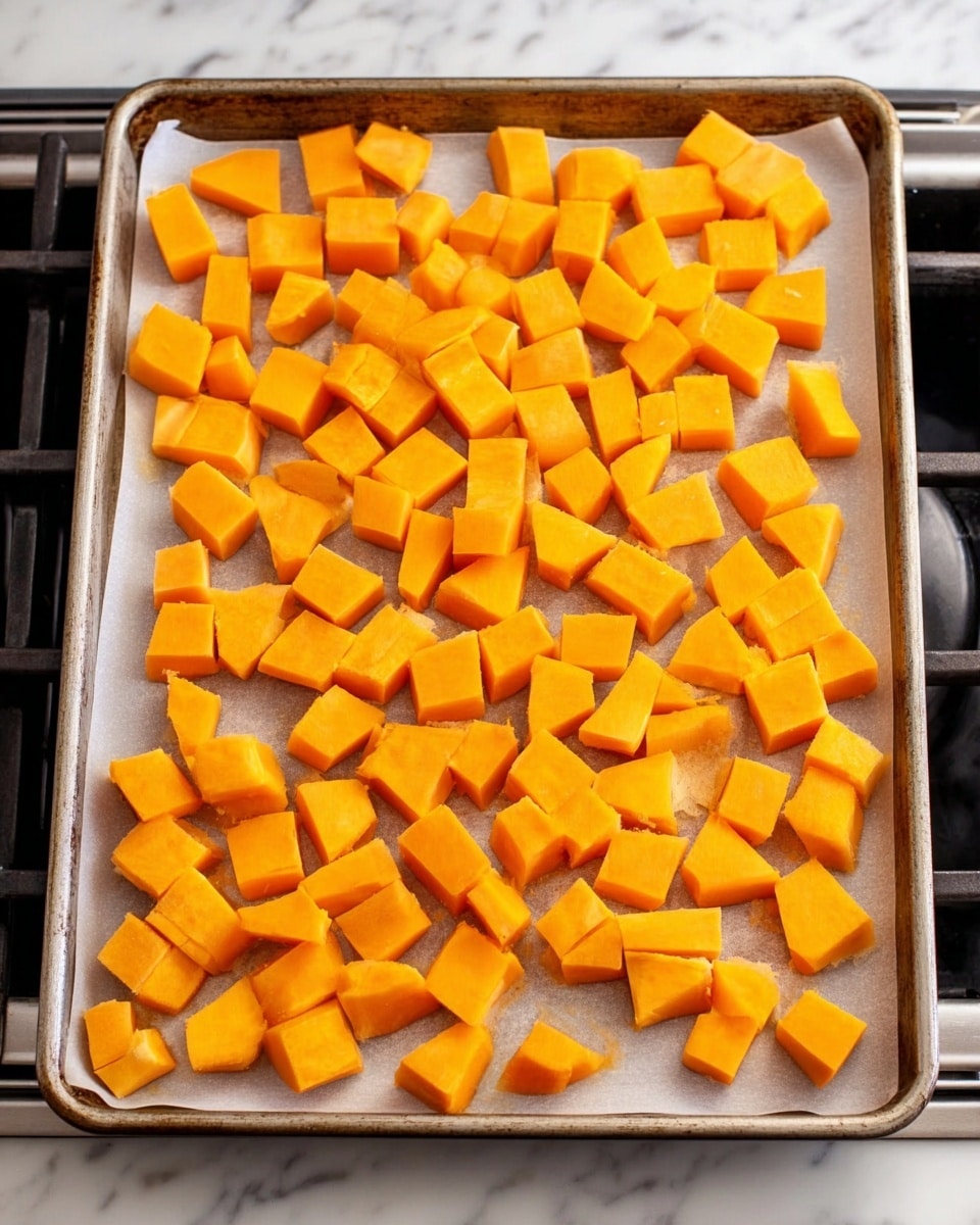 The image shows a metal baking tray lined with white parchment paper, filled with many small cubes of bright orange squash spread out evenly. The squash pieces vary slightly in shape but all are thick and smooth, with sharp edges and a matte texture. The tray is placed on a stovetop with stainless steel burners visible at the edges. The whole scene is set against a clean white marbled surface. photo taken with an iphone --ar 4:5 --v 7