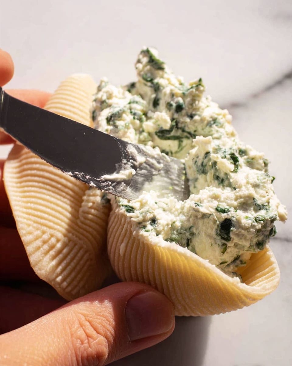 A close-up image showing a woman's hand holding a large textured shell pasta, light beige in color with ridges. On top of the pasta, a creamy mixture with white base and small green spinach pieces is being spread by a butter knife with a shiny metallic blade that reflects some light. The background is a white marbled texture. photo taken with an iphone --ar 4:5 --v 7