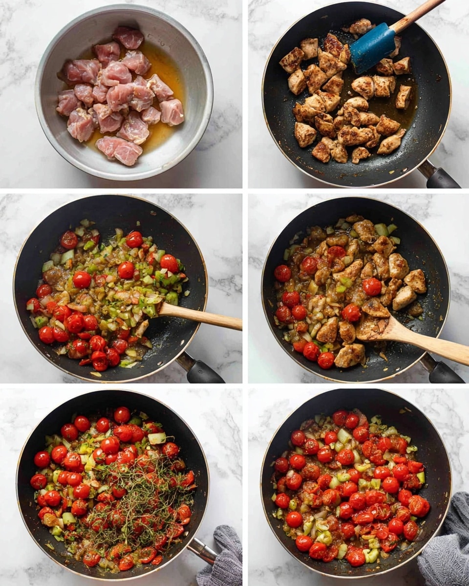 A collage of six images showing the cooking process in a large black pan on a white marbled surface. Step 1 shows raw pink pieces of chicken in a silver bowl with a blue rubber spatula. Step 2 shows the chicken pieces browned in the black pan with a wooden spatula. Step 3 shows the pan with chopped red and green vegetables being stirred with a wooden spatula. Step 4 shows the added light brown sauce and herbs mixing with the vegetables in the pan. Step 5 shows the pan filled with cooked chicken, vegetables, and many small whole red cherry tomatoes on top. Step 6 shows the same pan with the food fully cooked, with the chicken browned and the tomatoes softened but whole, held by a pair of gray oven mitts. Photo taken with an iphone --ar 4:5 --v 7