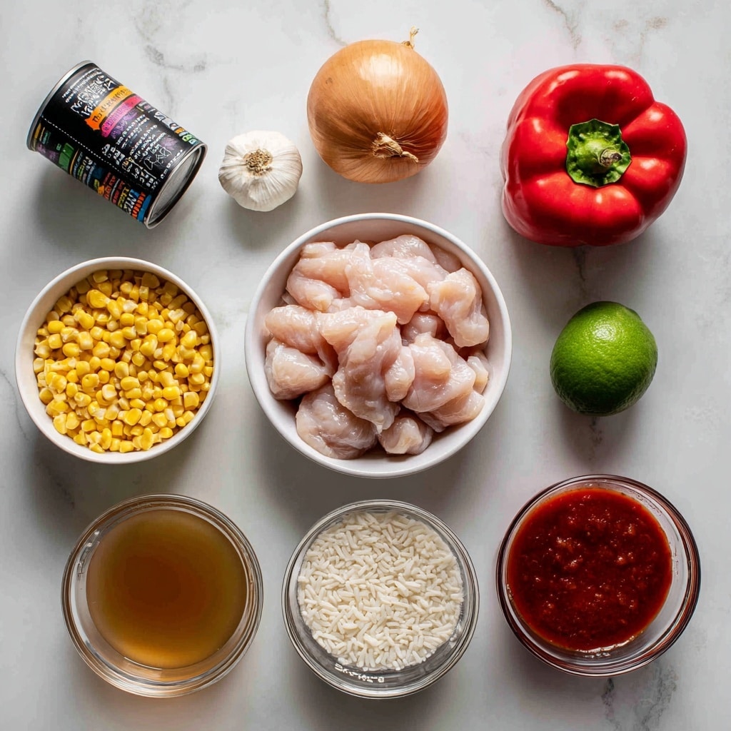 The image shows cooking ingredients arranged neatly on a white marbled surface. In the center, there is a white bowl filled with raw chicken pieces that are pale pink with a smooth texture. To the left, there is a whole brown onion and a small white garlic clove placed near a can of black beans with a colorful label, and below this is a white bowl filled with yellow corn kernels. To the right of the chicken bowl, there is a whole green lime next to a red capsicum/bell pepper with a shiny skin. Below these, there are two clear glass measuring cups; one filled with light brown chicken broth and the other with smooth red tomato passata (puree). Finally, at the bottom center is a white bowl filled with white rice grains. All items are clearly labeled with blue text boxes. Photo taken with an iphone --ar 4:5 --v 7