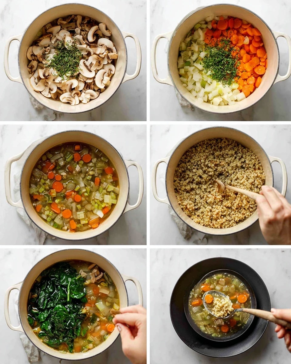 A large white pot is shown on a white marbled surface with a woman's hand stirring inside it; the pot contains a mix of sliced white mushrooms, diced carrots, celery, and onions in step one. In step two, the same pot has softened vegetables with a woman's hand sprinkling green herbs on top. Step three shows the pot filled with cooked quinoa piled over the vegetables. The fourth image displays the pot filled with a broth containing all ingredients simmering together. In the fifth step, the pot has dark green spinach leaves added on top, being stirred by a woman's hand. The final image shows a black bowl on a black plate with a white piece of bread beside it, filled with the soup of broth, vegetables, mushrooms, spinach, and grains, with a spoon scooping some soup from the bowl. Photo taken with an iphone --ar 4:5 --v 7