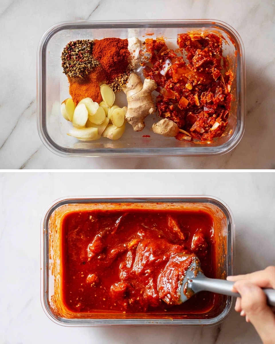 The image shows a two-step process for making a red marinade. The first part features a clear container with chopped pieces of light-colored ginger, a mix of red and orange spices, and other ingredients layered together on a white marbled surface. The next part shows a close-up of a transparent rectangular container filled with a thick, bright red sauce covering meat, while a woman's hand holds a spatula stirring the mix. The marinade looks rich and smooth, coated heavily over the meat for 12 to 24 hours. Photo taken with an iphone --ar 4:5 --v 7