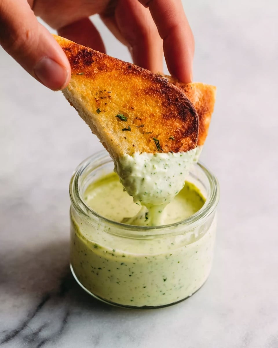 A woman's hand is holding a golden-brown, toasted triangular bread piece, dipping it into a small glass jar filled with creamy, light green sauce speckled with darker green herbs. The jar is placed on a white marbled surface, and the sauce has a smooth, slightly thick texture. The bread looks crispy on the edges and soft inside. Photo taken with an iphone --ar 4:5 --v 7