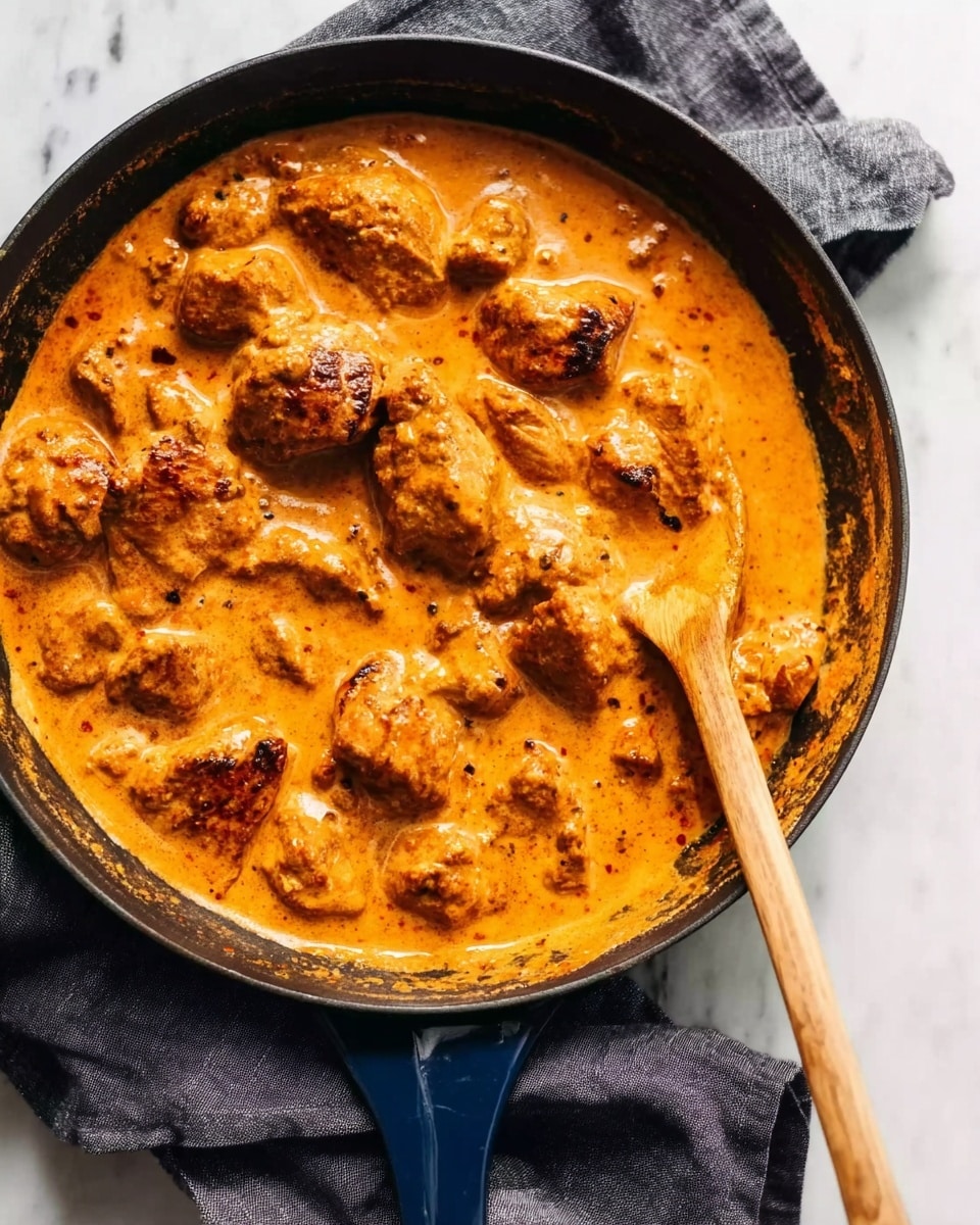 The image shows a round skillet filled with many pieces of browned chicken covered in thick, smooth orange sauce, slightly creamy in texture. A wooden spoon is partially dipped into the sauce from the right side, stirring some chicken pieces. The skillet has a dark blue handle and rests on a folded dark gray cloth on top of a white marbled surface. The sauce glistens warmly and has small flecks of spices visible across the dish. Photo taken with an iphone --ar 4:5 --v 7