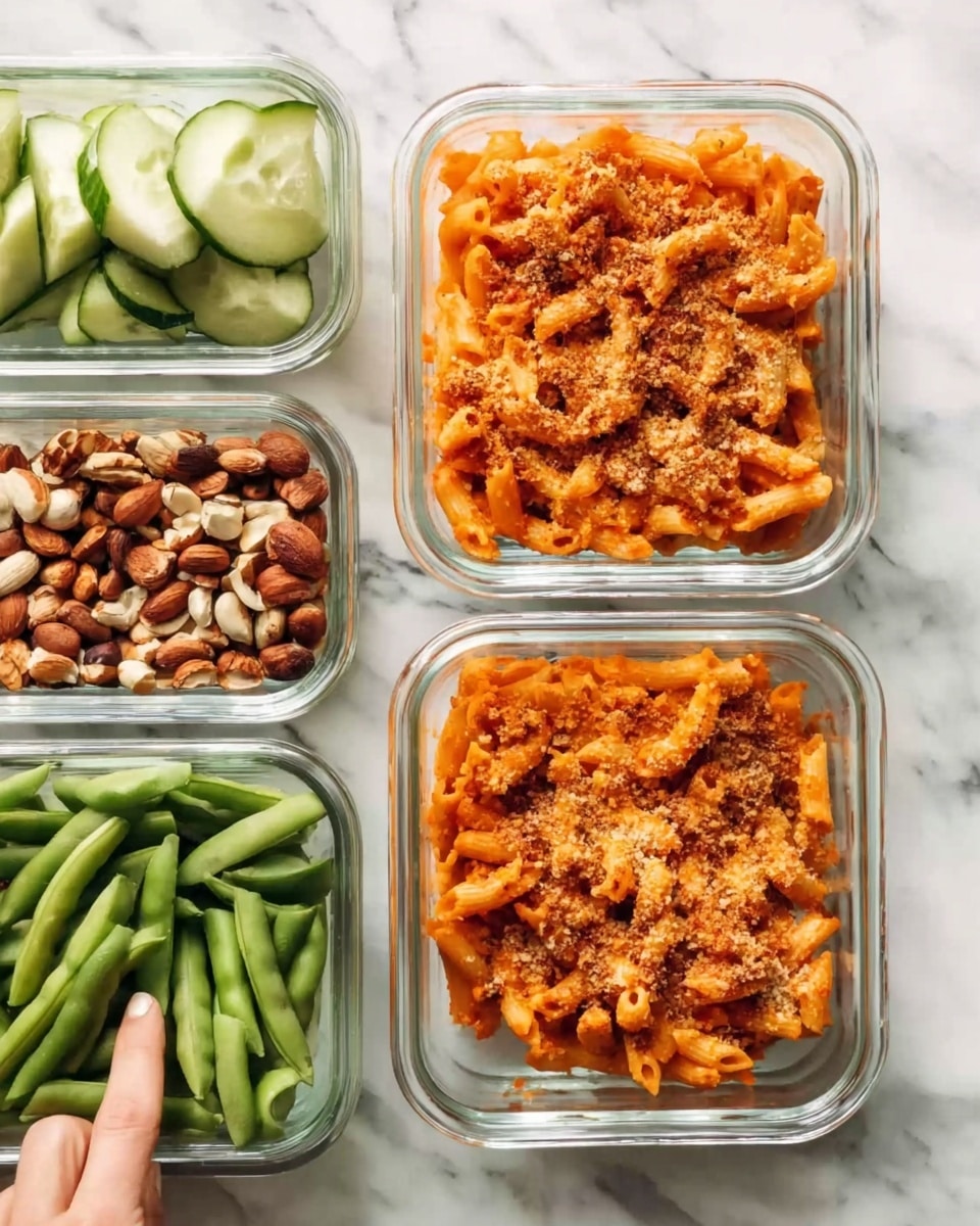 The image shows four clear glass containers placed on a white marbled surface, each with food inside. The two larger containers at the bottom and middle right hold orange-colored baked pasta with a slightly browned, textured top layer. Above them, in the two smaller containers, the left one is filled with a mix of brown and light brown nuts, while the right one contains fresh green snap peas. At the top left, there is a partial view of another clear container filled with sliced green cucumbers. A woman's hand with a finger extended points at the bottom left container, adding a sense of interaction. photo taken with an iphone --ar 4:5 --v 7