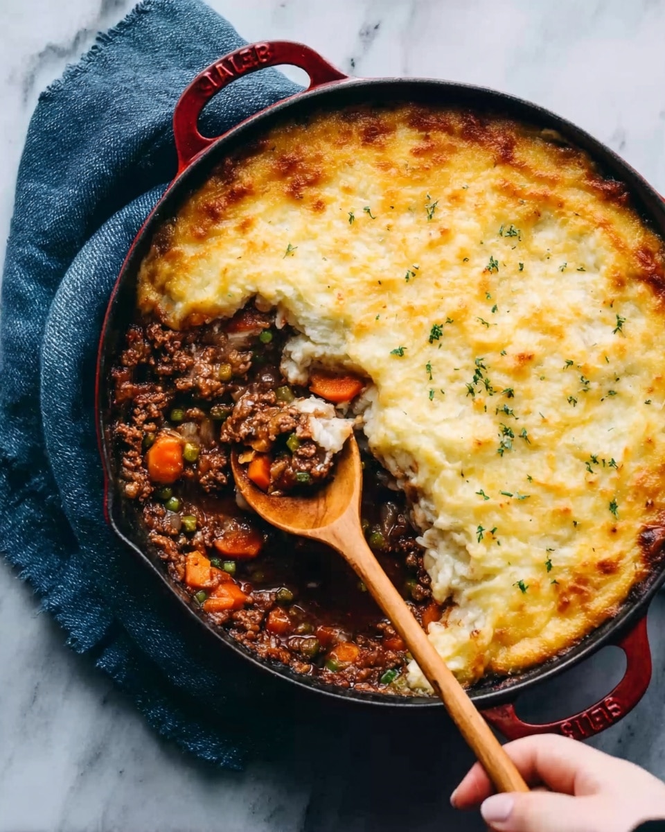 The image shows a round cast iron pan with two main layers inside. On the right side, there is a thick layer of golden melted cheese with a slightly browned, bubbly texture on top. On the left side, the layer is a rich, dark brown mixture that looks like cooked ground meat with small pieces of orange carrot and green vegetables visible. A wooden spoon is scooping out a portion, showing the layers clearly, and a woman's hand is holding the spoon. The pan is placed on a white marbled surface with a blue cloth underneath. Photo taken with an iphone --ar 4:5 --v 7