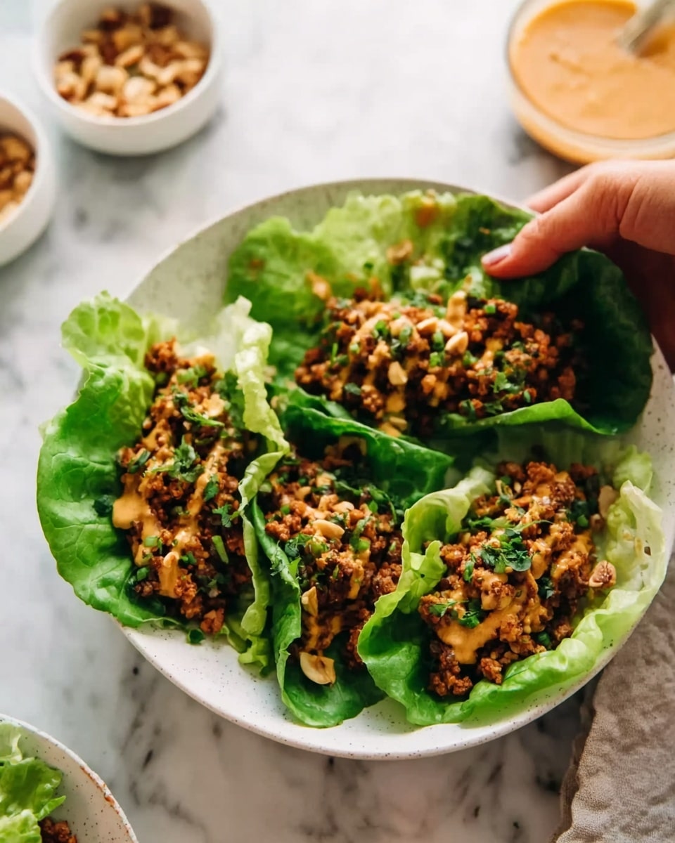 The image shows three lettuce wraps placed in a white bowl on a white marbled surface. Each wrap consists of a bright green leaf of lettuce filled with a crumbled brown mixture, likely cooked meat or a plant-based alternative, sprinkled with small bits of nuts. The filling is topped with a creamy, light brown sauce and some finely chopped green herbs scattered on top. A woman's hand is gently holding one lettuce wrap, lifting it slightly. In the background, there are small white bowls with sauce and nuts slightly out of focus. Photo taken with an iphone --ar 4:5 --v 7