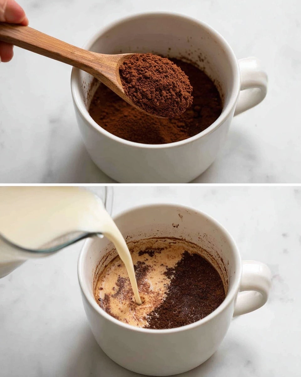 The image shows two close-up views of a white mug on a white marbled surface. In the first view, a wooden spoon held by a woman's hand is adding a scoop of dark brown cocoa powder on top of the cocoa powder already inside the mug, creating a layered texture of dry powder. In the second view, a white liquid is being poured from a transparent container into the mug, blending with the dark brown cocoa powder below and creating a mix of dark and light brown textures inside the mug, while the exterior of the mug has some small cocoa powder smudges. Photo taken with an iphone --ar 4:5 --v 7