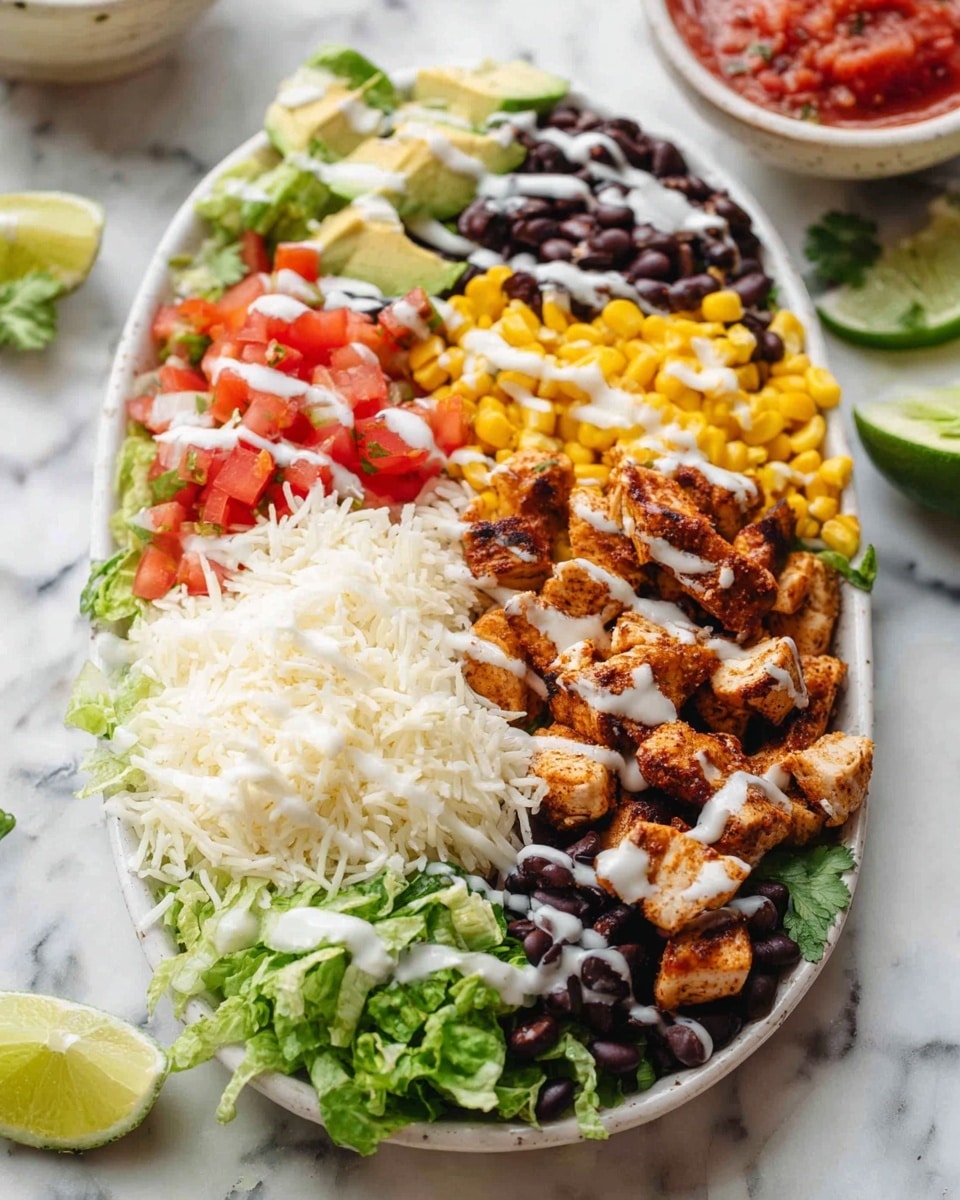 A white oval plate filled with five layers starting from the bottom with green shredded lettuce, above that is a layer of white shredded cheese, followed by white rice, then small pieces of cooked brown chicken over the rice, and finally a mix of black beans, yellow corn, and diced red tomatoes with some green avocado pieces. All layers have light white creamy sauce drizzled on top. The plate is on a white marbled surface with a small bowl of red salsa and some lime wedges in the background. Photo taken with an iphone --ar 4:5 --v 7