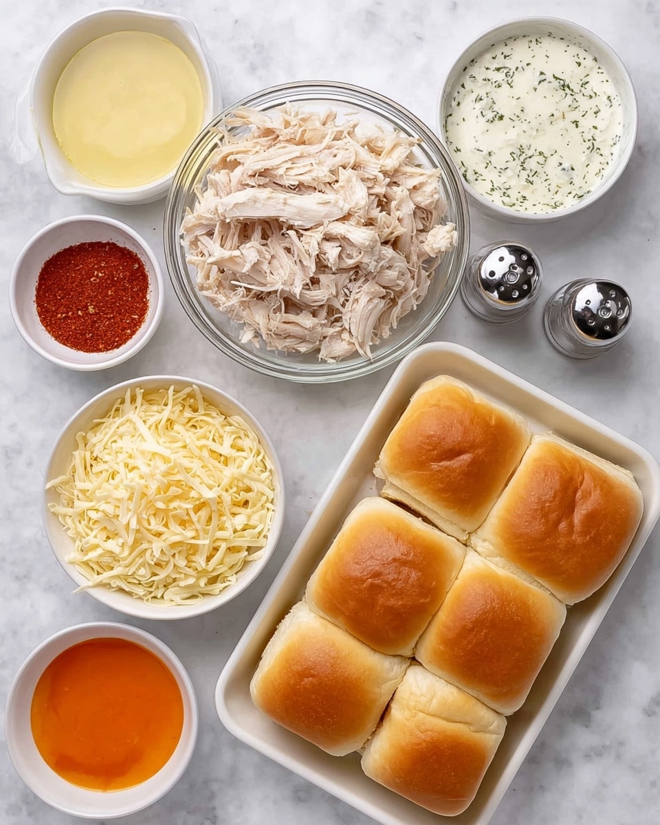 The image shows ingredients arranged on a white marbled surface for making sliders. There are two white trays filled with soft, golden brown slider buns placed at the bottom right and bottom center. Above the trays, in the center, is a clear glass bowl filled with shredded cooked chicken that has a light tan and white color. To the left of it, there is a small white bowl with a creamy yellow liquid, and above it, another white bowl with a white sauce speckled with green herbs. Near the top left, a small white bowl contains red seasoning powder. To the right of the chicken bowl, there is a white bowl filled with shredded pale yellow cheese, and just below it, a white bowl contains bright orange sauce. Two small silver salt and pepper shakers are also visible near the top right side. The whole setup has a clean and bright look. Photo taken with an iphone --ar 4:5 --v 7
