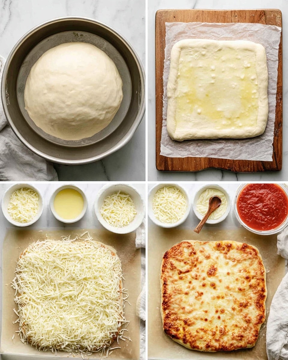 The image is divided into four parts showing the pizza-making process. In the top left, a round dough ball with a smooth, pale surface sits in a silver round baking pan on a white marbled background. The top right shows the dough rolled into a square shape on parchment paper over a wooden board, with a light layer of melted butter brushed on it, surrounded by small white bowls with grated cheese and yellow butter. The bottom left displays the dough spread with a thick, even layer of shredded white cheese on the same setup. The bottom right shows a cooked pizza with a bubbly, golden-brown top cheese crust on parchment paper, next to a white bowl of red tomato sauce with a small wooden spoon, all placed on a white marbled surface. Photo taken with an iphone --ar 4:5 --v 7