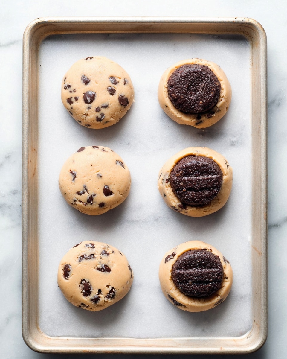 The image shows six cookie dough patties placed in two columns on a baking sheet with a white marbled texture. The left column has three smooth, round cookie dough patties mixed with visible dark chocolate chips, all light tan in color and slightly thick. The right column features three patties with a dark brown, baked cookie piece pressed into the center of each dough round, creating a layered look where the dough acts as the base and the baked cookie sits on top, with dough edges visible around the darker center. The background is a white marbled texture with soft lighting. photo taken with an iphone --ar 4:5 --v 7