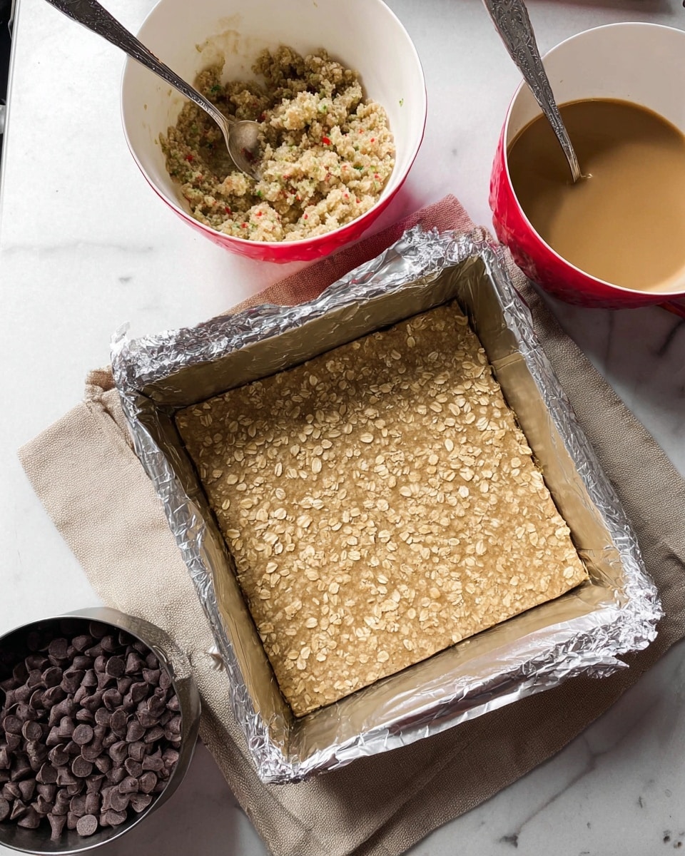 The image shows a square baking pan lined with foil and filled with a baked oat crust, which is light brown with visible oat flakes on top, placed on a beige cloth. To the top left of the pan, there is a white bowl with green and red speckles filled with a chunky light dough or mixture, with a silver spoon inside. To the top right, there is another white bowl with red speckles containing a smooth light brown liquid with a silver spoon. To the bottom left, there is a metal cup filled with dark chocolate chips. The surface underneath is white marble. photo taken with an iphone --ar 4:5 --v 7