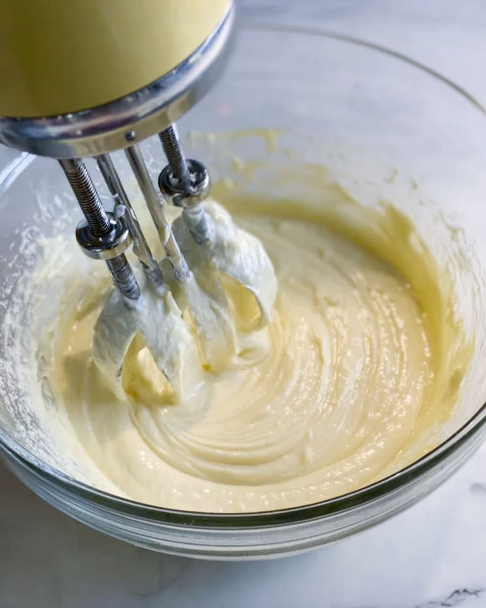 A clear glass bowl with a thick light yellow cream being whipped by a metallic yellow electric hand mixer, showing two metal beaters spinning quickly in the center of the mixture, creating soft swirls and bubbles in the creamy texture, placed on a white marbled surface, photo taken with an iphone --ar 4:5 --v 7