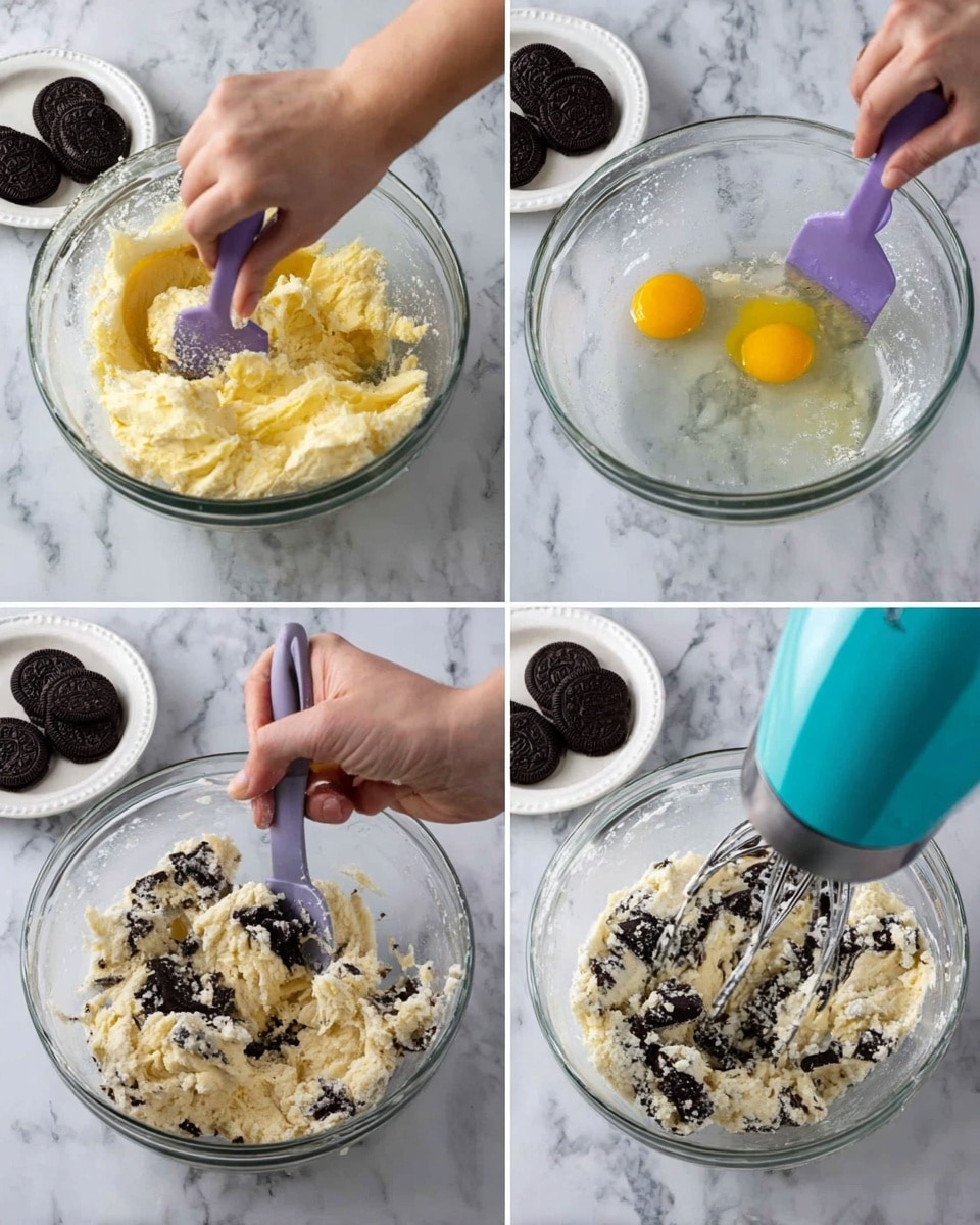 In this set of four images showing cookie dough preparation, each image features a clear glass bowl on a white marbled surface with a white plate holding black sandwich cookies nearby. The first image shows soft, pale yellow creamed butter and sugar being mixed with a purple spatula and a woman's hand held above the bowl. The second image captures two raw egg yolks being poured into the same creamy mixture inside the bowl, held by a woman's hand with the purple spatula resting inside. The third image shows flour being mixed into the batter with a blue electric mixer, surrounded by the creamy mixture that now looks thicker and pale. The final image depicts chunky cookie dough with large black and white cookie pieces folded inside, stirred with the purple spatula held by a woman's hand. Photo taken with an iphone --ar 4:5 --v 7