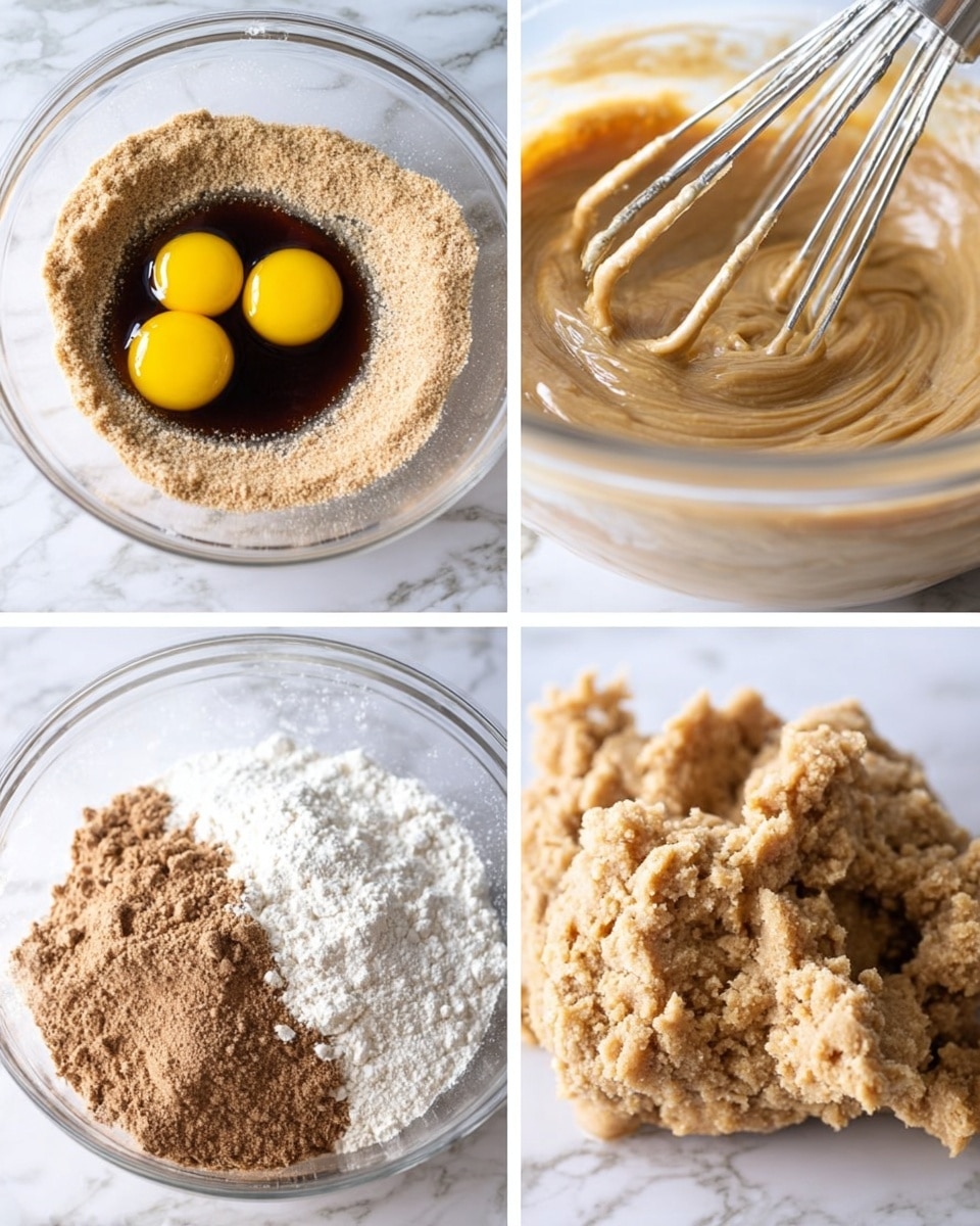 The image shows four square photos arranged in a 2x2 grid, all on a white marbled surface. The top left photo has a clear glass bowl with crumbly light brown sugar mixture forming a ring around two bright yellow egg yolks and a dark brown liquid in the center. The top right photo shows a close-up of thick, smooth light brown batter being mixed with metal beaters in a clear bowl. The bottom left photo has a bowl with layers of white flour, light brown and dark brown powder on top of a tan creamy base. The bottom right photo shows a close-up of a rough, crumbly light brown dough clumped together on the white marbled surface. photo taken with an iphone --ar 4:5 --v 7
