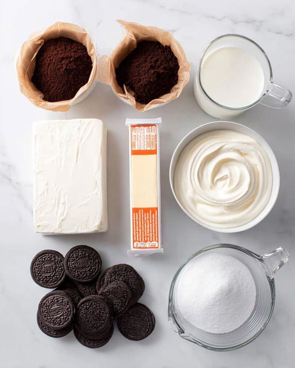 The image shows various ingredients neatly arranged on a white marbled surface. In the top left are two brown parchment paper cups filled with a dark chocolate powder. Next to them is an unwrapped block of white cream cheese. To the right is a white bowl with smooth, swirled white cream inside. Below the cream cheese is a stick of butter with orange and white wrapping. Next to the butter is a small glass bowl of white milk. Underneath is a larger glass measuring cup filled with more white milk. Centered on the surface are many chocolate sandwich cookies stacked and spread out. On the right side is a clear glass bowl filled with fine white sugar. Photo taken with an iphone --ar 4:5 --v 7