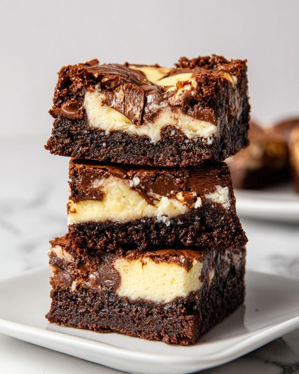 A square batch of brownies with a marbled top showing a mix of dark brown chocolate and creamy white swirls, baked in white parchment paper. The surface has a slightly shiny, cracked texture typical of brownies, with clear division lines making 16 pieces. A woman's hand is holding a knife cutting the brownies vertically into one of the sections. The background is a white marbled surface. photo taken with an iphone --ar 4:5 --v 7