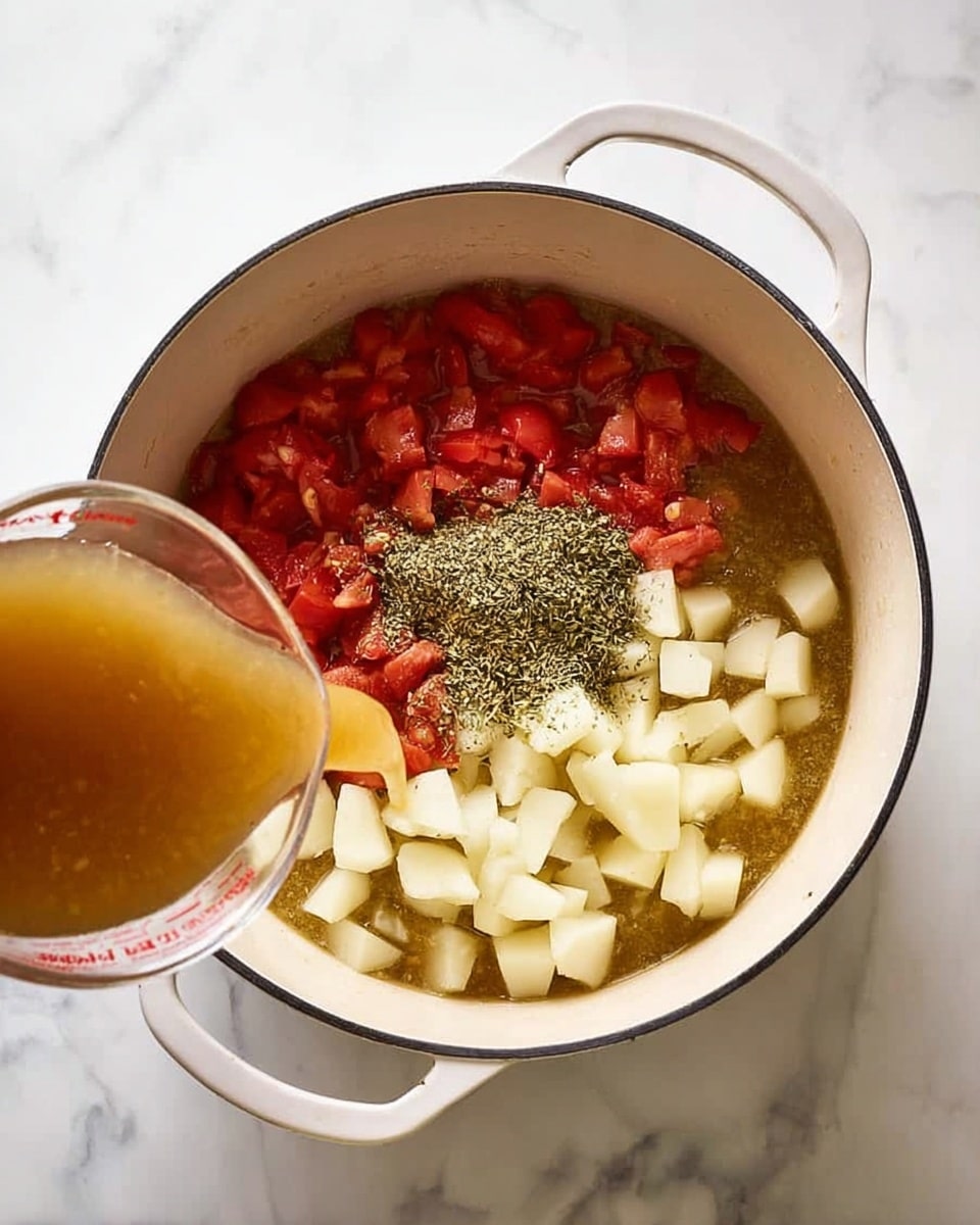 A white pot is shown from above, placed on a white marbled surface. Inside the pot, there are four main layers: on the left side, bright red chopped tomatoes; on the right side, white diced potatoes; on top of the potatoes, a sprinkling of green dried herbs; and at the bottom, a brown liquid broth filling the pot halfway. A woman's hand is pouring more brown liquid broth into the pot from a clear measuring cup. The pot has two handles on each side. photo taken with an iphone --ar 4:5 --v 7