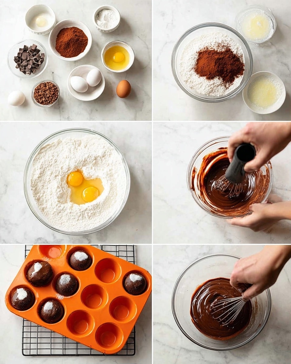 The image shows a step-by-step process for making chocolate donuts. It begins with seven ingredients laid out on a white marbled surface: flour, cocoa powder, egg, sugar, sour cream, oil, and broken chocolate pieces. Flour is sifted into a clear glass bowl, then mixed with cocoa powder. A separate bowl holds an egg and sour cream being added, then a woman's hand whisks the mixture until smooth and creamy. The creamy wet mixture is poured slowly into the cocoa powder mix, then stirred until thick and chocolate-colored. The batter is spooned and smoothed in a clear glass bowl, then piped with a black piping bag into an orange donut mold with four slots. Finally, a woman's hand dips a baked chocolate donut into a glossy chocolate glaze in a clear bowl, with some donuts cooling on a wire rack nearby. Photo taken with an iphone --ar 4:5 --v 7
