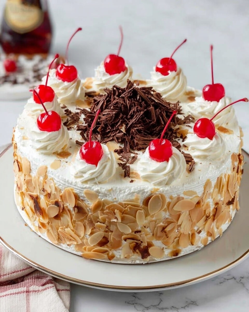 A round cake covered with toasted almond slices on the sides and topped with white whipped cream swirls evenly spaced around the edge. Each swirl is topped with a bright red cherry with a long stem. In the center of the cake, there is a pile of dark chocolate shavings creating a neat mound. The cake sits on a white plate with a subtle gold rim, placed on a white marbled surface. A woman's hand is gently holding the side of the plate on the left side of the image. Photo taken with an iphone --ar 4:5 --v 7