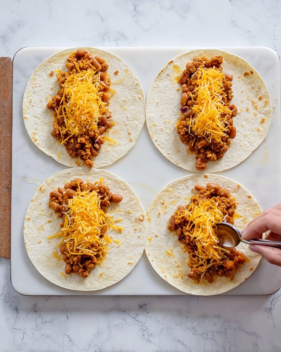 Four white tortillas are laid flat on a white marbled tray, each with a middle strip of shredded orange cheese topped by a layer of cooked small brown beans mixed with finely chopped orange pieces. Five tortillas are visible in total, with the fifth one on the white marbled surface to the left where a woman's hand is holding a spoon, adding the same topping onto the cheese layer. The scene is bright and clean. Photo taken with an iphone --ar 4:5 --v 7