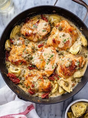 Mediterranean Chicken Skillet with Artichokes, Sun-Dried Tomatoes, and Capers Recipe