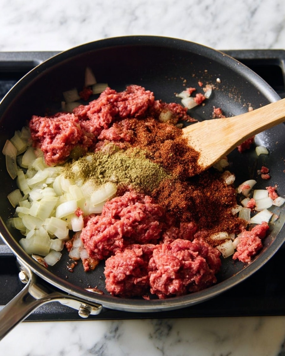 A black frying pan on a stove holds several layers of ingredients: at the bottom, small chopped white onions spread unevenly; on top of them, large clumps of raw red ground meat are placed mainly in the center; sprinkled over the meat are layers of ground spices in brown, red, and greenish hues; a light wooden spatula is stirring from the right side, its handle extending out of the pan. The background surface is a white marbled texture. photo taken with an iphone --ar 4:5 --v 7