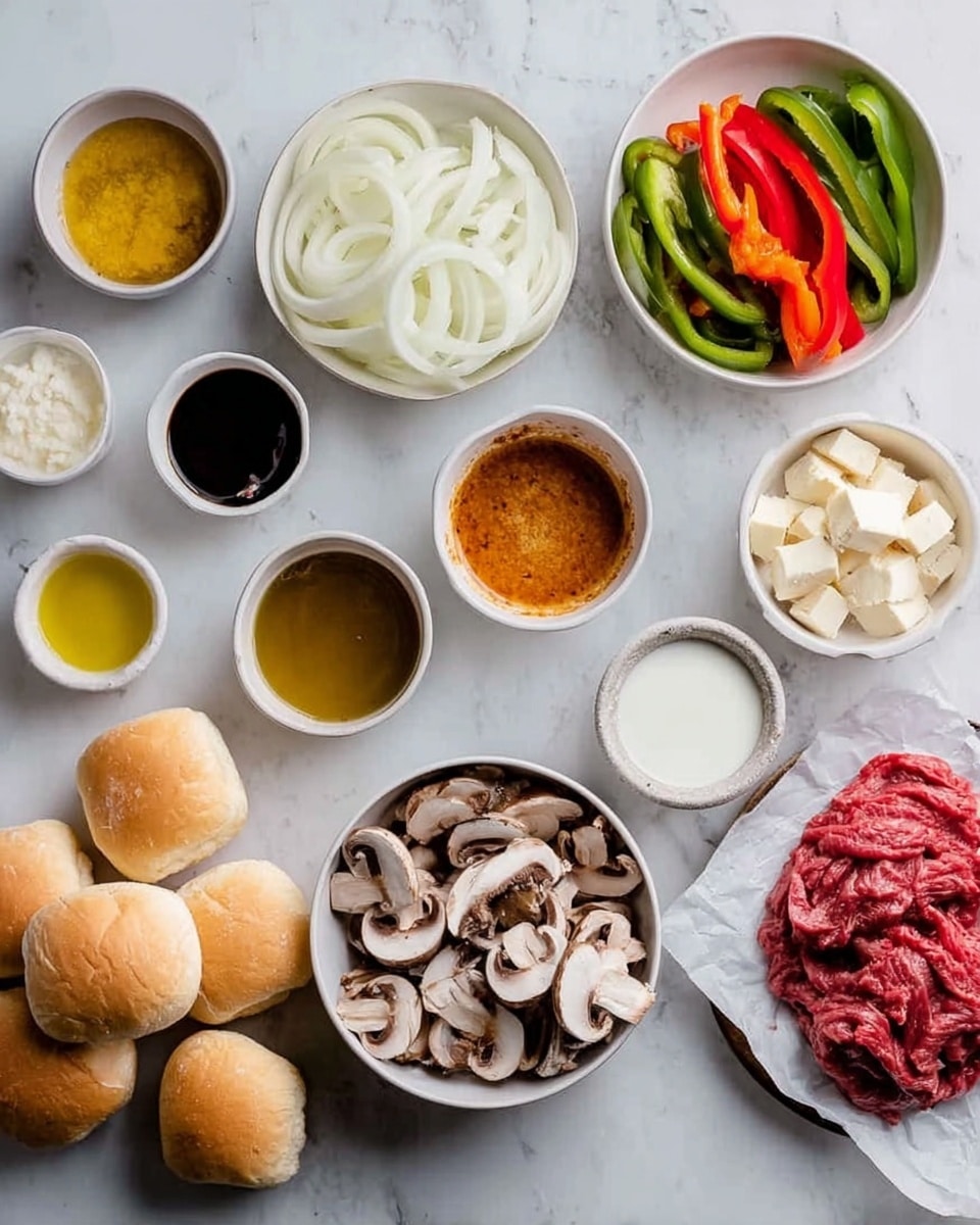The image shows several bowls and ingredients arranged neatly on a white marbled surface. There are three small white bowls holding different spices and sauces with colors ranging from pale yellow, dark brown, and orange. A white bowl holds thinly sliced white onions, and next to it is a bowl with thinly sliced red and green bell peppers. A white bowl is filled with sliced mushrooms, and another white bowl contains cubed cheese. On the right, a pile of raw red meat sits on white parchment paper. There are three small round bowls holding mustard, olive oil, and milk. Four small white rolls are placed on the left side. Photo taken with an iphone --ar 4:5 --v 7
