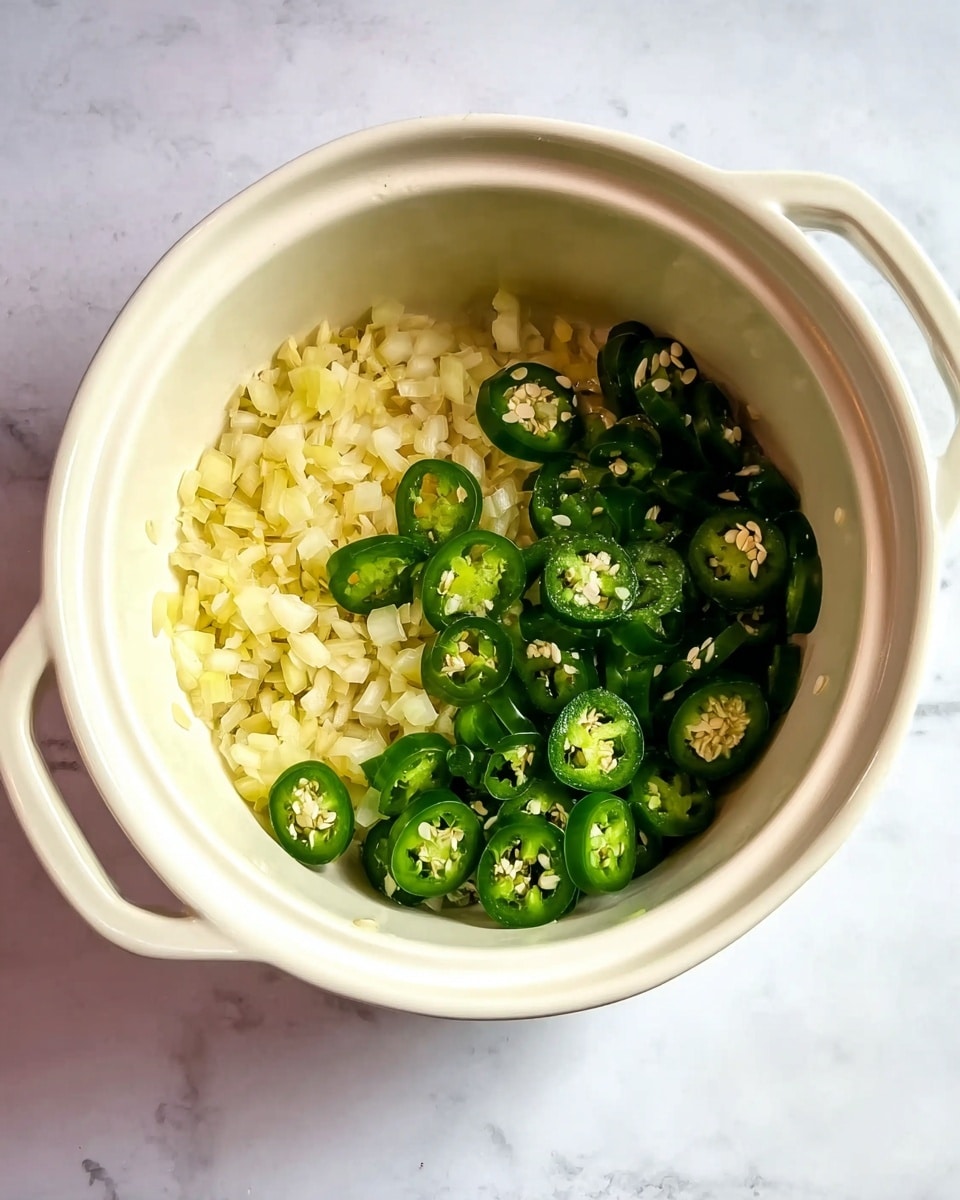 A white pot with two layers inside: the bottom left layer is pale yellow chopped onions, and the top right layer is fresh green sliced jalapeno peppers showing white seeds. The pot is placed on a white marbled surface. Photo taken with an iphone --ar 4:5 --v 7