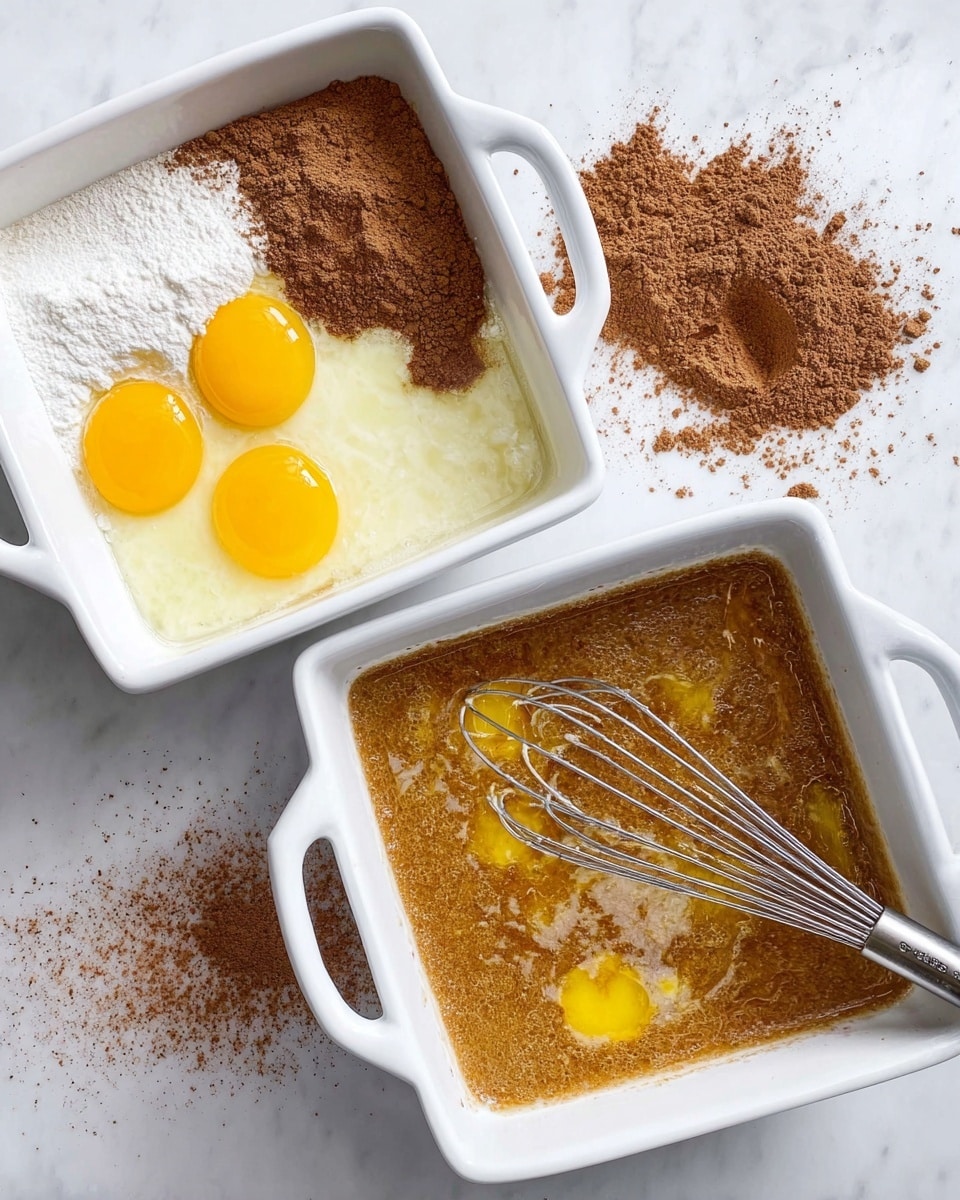 The image shows two white square baking dishes with handles, set on a white marbled surface. The left dish contains four raw eggs with bright yellow yolks and clear whites on top of a white powder, likely flour. On one side, there is a large pile of brown powder, probably cinnamon or cocoa, scattered unevenly with some smaller piles nearby. The right dish shows the same white dish after mixing, with a whisk inside. The mixture is smooth but slightly bubbly with a brown color and some yellow patches where the egg yolks are still visible under the liquid. The whisk has a metal handle and is partly submerged in the batter. photo taken with an iphone --ar 4:5 --v 7