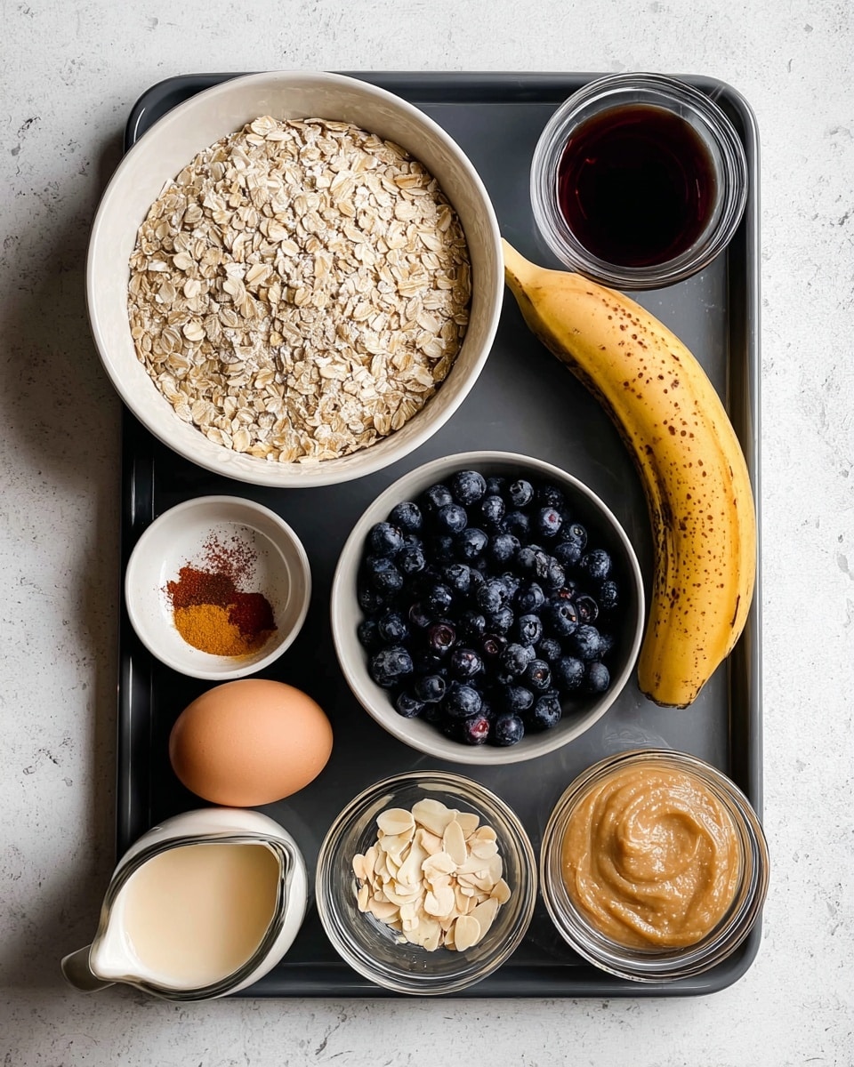 The image shows a black tray on a white marbled surface holding several ingredients. In the top left, a large white bowl is full of light beige rolled oats, next to a small white bowl with orange and red spices. Below them, a brown egg sits beside a small metal cup with thin beige almond slices. Near the center, a gray bowl is filled with dark blue blueberries. To the right, there is a ripe yellow banana with brown spots resting against small clear glass bowls containing white salt, amber liquid, creamy light brown almond butter, and swirling beige applesauce. At the bottom left corner, a small clear jar holds a pale beige liquid, and a white pitcher with a dark brown liquid inside is beside it. Photo taken with an iphone --ar 4:5 --v 7