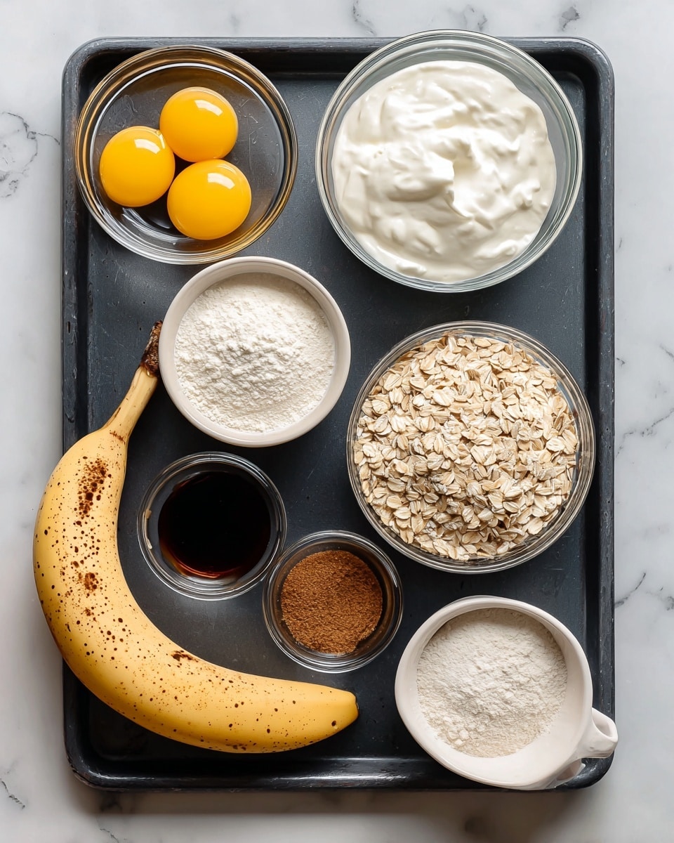 The image shows six ingredients arranged on a dark baking tray placed on a white marbled surface. In the top left is a clear glass bowl containing three raw eggs with yellow yolks and transparent whites. To the right is a larger clear glass bowl filled with thick, creamy white Greek yogurt. Below the yogurt is a small clear glass bowl holding white powders—cinnamon and baking powder. A white ceramic cup filled with light brown rolled oats is positioned near the bottom right. Near the center is a clear small scoop of white protein powder. A small clear cup of dark brown vanilla extract sits next to the eggs on the left. At the bottom left corner, a ripe yellow banana with brown spots rests on the tray. Photo taken with an iphone --ar 4:5 --v 7