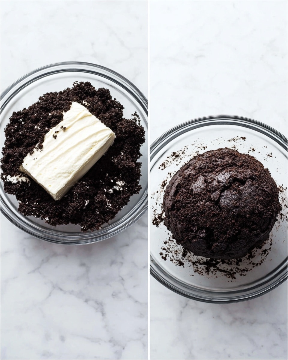 The image shows two clear glass bowls on a white marbled surface, each containing a different stage of a dark chocolate crumb mixture. In the left bowl, there is a layer of loose, dark crumbly chocolate cookie pieces mixed with a block of creamy white cream cheese placed on top, positioned in the lower right part of the bowl. In the right bowl, the dark chocolate mixture has been pressed and combined into a single rough ball in the center, showing a more solid and dense texture but still uneven with some crumbs around it. Photo taken with an iphone --ar 4:5 --v 7