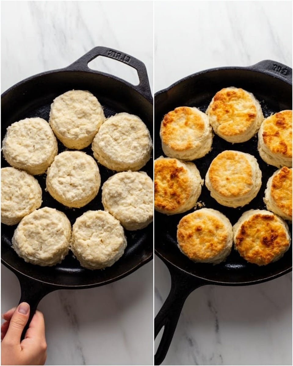 The image shows two cast iron pans side by side on a white marbled surface. The left pan holds 8 uncooked biscuit dough pieces that are pale and soft with a rough texture, arranged in a circle with one in the center. The right pan shows the same 8 biscuit pieces now golden brown on top with a slightly crispy texture, highlighting the contrast between the uncooked and cooked stages. A woman's hand is seen holding the handle of the left pan. photo taken with an iphone --ar 4:5 --v 7