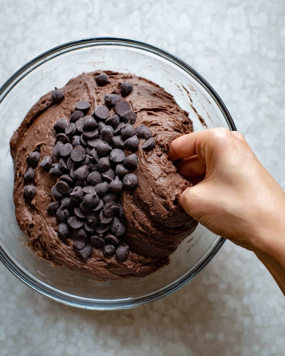 A close-up image shows a woman's hand pulling up thick, chocolate dough in a clear glass bowl. The dough has a smooth, slightly sticky texture and is dark brown in color. Large, shiny, dark chocolate chips are scattered on top and around the dough, some slightly pressed into the surface. The bowl sits on a white marbled textured surface, giving a clean and bright look to the scene. Photo taken with an iphone --ar 4:5 --v 7