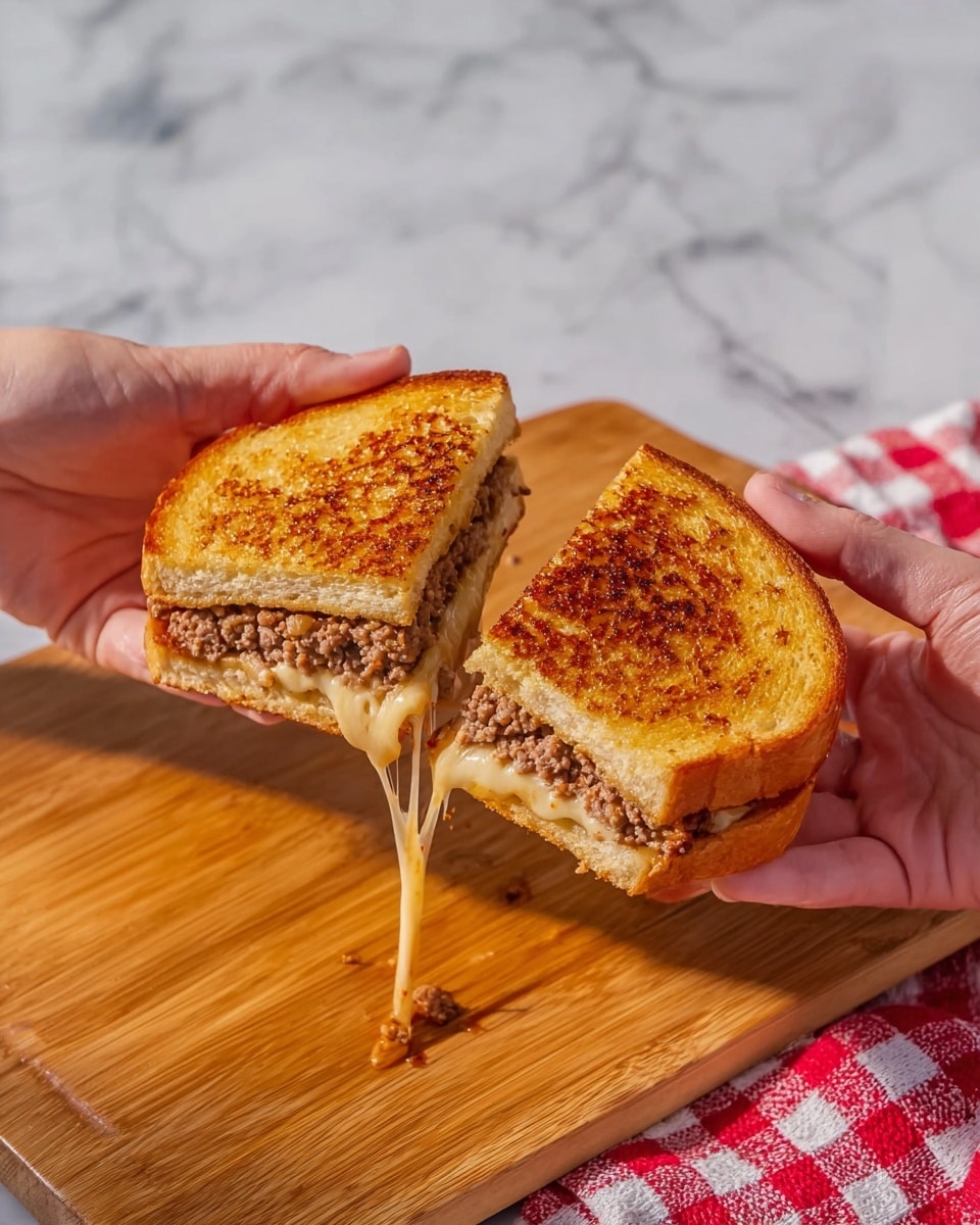 The image shows a grilled sandwich being pulled apart by two hands. The sandwich has three visible layers: the outside layers are golden brown toasted bread with a crisp texture, the middle layer contains a thick, cooked ground meat patty with a slightly crumbly texture and light brown color, and a layer of melted cheese that stretches between the two halves with a creamy, smooth look. The sandwich is held over a wooden cutting board, and a red and white checkered cloth is placed in the background on a white marbled surface. photo taken with an iphone --ar 4:5 --v 7