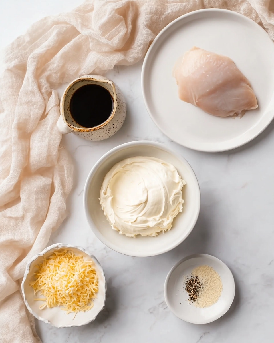 The image shows several ingredients arranged on a white marbled surface with a soft beige cloth draped around them. In the center, there is a white bowl holding a smooth, creamy white layer of cream cheese. To the top right is a white plate with a single raw chicken piece that is pale pink and smooth. Above the cream cheese bowl, there is a small ceramic cup filled with dark soy sauce, showing a shiny surface. Around the bottom of the central bowl, there are two small white bowls, one with a yellow shredded cheese layer and another with a beige, fine powder that looks like garlic powder. In the top right corner, part of a small round white plate containing a small sprinkle of black pepper is visible. The overall scene is neat with a clean and simple look. photo taken with an iphone --ar 4:5 --v 7