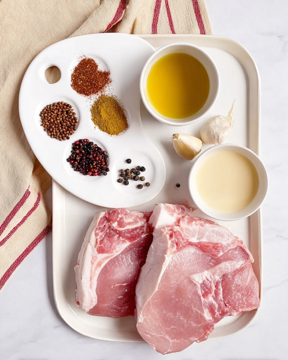 The image shows a white tray with two large raw pork slices at the bottom right, displaying pale pink and slightly marbled white fat. At the top left of the tray is a white plate shaped like a paint palette with various spices arranged in small piles around a cup of golden oil; the spices range in color from dark brown, reddish brown, black, to deep red with a few black peppercorns and juniper berries scattered around. There are also two cloves of peeled garlic placed on the plate. To the right of the plate is a small white bowl filled with a light beige liquid. The tray is set on a white marbled surface and a beige cloth with red stripes is visible at the top left corner. photo taken with an iphone --ar 4:5 --v 7