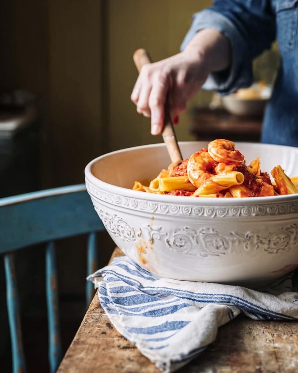 A large white bowl with detailed patterns on its outside holds a mixed pasta dish. The pasta is yellow and tube-shaped, coated in a bright red tomato sauce with chunks of pink shrimp scattered on top. A woman's hand wearing a rolled-up denim shirt is using a wooden spatula to scoop the pasta. The bowl is placed on a wooden surface with a blue and white striped cloth beside it. The background includes a worn blue wooden chair and a soft, warm indoor setting. photo taken with an iphone --ar 4:5 --v 7