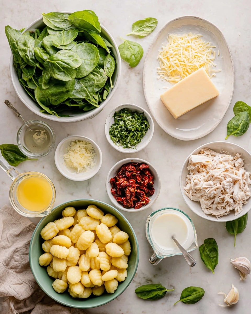 The image shows several ingredients arranged on a white marbled surface: in the top left is a white bowl filled with fresh green spinach leaves, above it a small white bowl with chopped green herbs, and to the right an oval white plate with a half block of pale yellow cheese and shredded cheese around it. Below these is a green bowl with yellow gnocchi pieces. To the right of this bowl is a clear glass measuring cup with pale liquid inside. At the bottom right is a white bowl filled with shredded light-colored chicken. Near the center is a small white bowl with chopped sun-dried tomatoes, below it a small white pitcher with milk, to its left a white plate with yellow liquid and a spoon resting in it, and to the right is a small white bowl with minced garlic. Some loose spinach leaves and basil are scattered on the surface. photo taken with an iphone --ar 4:5 --v 7