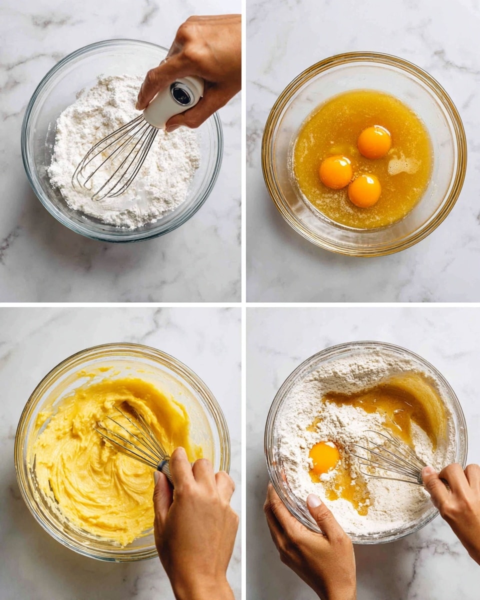 The image shows four steps in mixing ingredients in clear glass bowls placed on a white marbled surface. In the first step, a woman's hand is whisking white dry ingredients in the bowl. The second step shows an electric mixer creaming yellow butter and golden honey together in the bowl. In the third step, a woman's hand is stirring two bright orange egg yolks into the mixed butter and honey, creating a smooth yellow batter. The fourth step shows a woman's hand stirring white flour into the batter, with some flour still visible on top, creating a thick mixture. Photo taken with an iphone --ar 4:5 --v 7