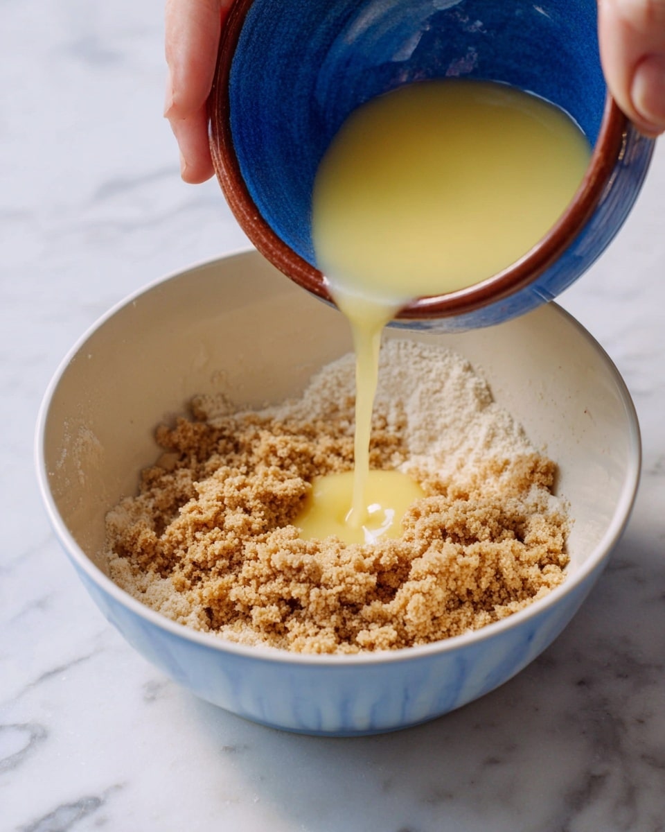 A white bowl sits on a white marbled surface filled halfway with a rough, crumbly light brown mixture that looks like crushed biscuits or crumbs. Above it, a blue bowl with a brown edge is tilted, pouring a light yellow liquid in a smooth stream into the crumb mixture. A woman's hand grips the blue bowl gently from the left side of the image. The scene captures the moment the yellow liquid meets the crumbly base inside the bowl photo taken with an iphone --ar 4:5 --v 7