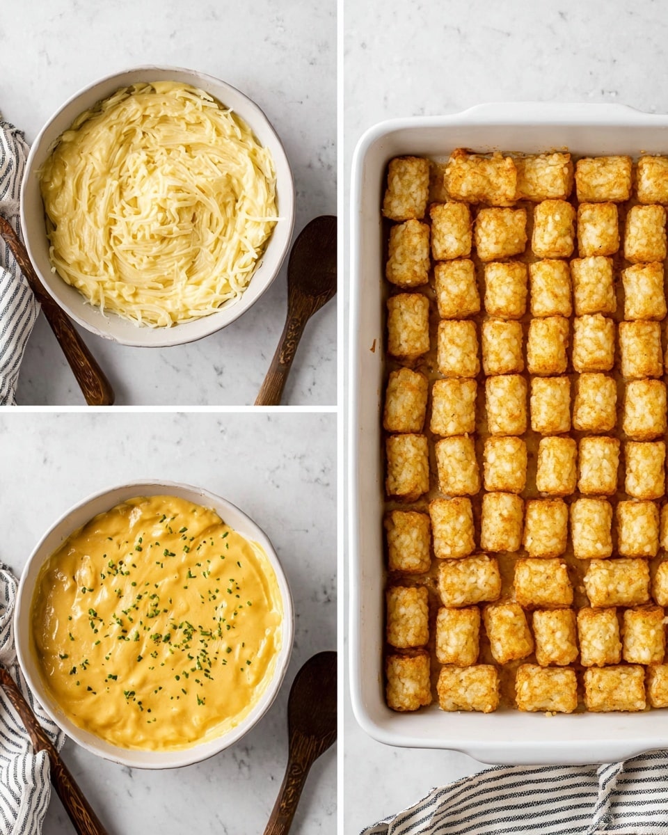 The first layer shows a white bowl with a creamy, light yellow mixture that looks thick and swirled smoothly, with some shredded bits mixed in. The second layer is a white rectangular baking dish filled neatly with many small, golden-brown, crispy tater tots arranged evenly in rows, covering the entire surface. The third layer features the same baking dish, now filled with the tater tots partially submerged in a thick, rich, yellow cheese sauce with a slightly textured surface, sprinkled lightly with chopped green herbs on top. The dish sits on a white marbled surface with a dark wooden spoon beside it and a striped cloth nearby. Photo taken with an iphone --ar 4:5 --v 7