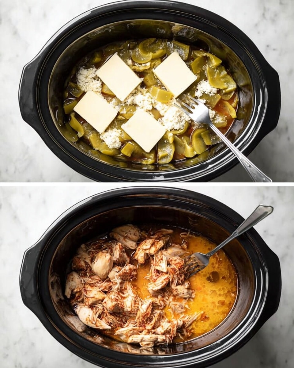 Inside a black slow cooker on a white marbled surface, the first image shows a single layer of raw chicken with sliced green peppers scattered around it, topped with white flour and several square pieces of butter evenly placed over the flour. In the second image, the chicken has turned brown and is covered with a layer of cooked green peppers and a shiny orange sauce surrounding it. Two silver forks are pulling apart the shredded chicken, showing a stringy, moist texture beneath the browned surface. Photo taken with an iphone --ar 4:5 --v 7