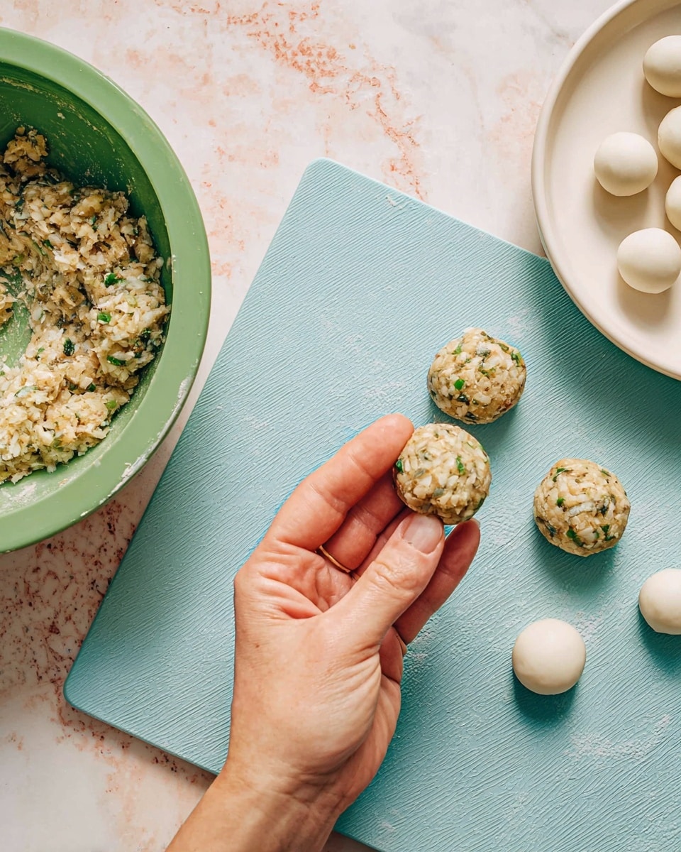 The image shows a close-up of a woman's hand holding a round pale beige mixture with green bits, shaping it around a small round white ball. Three shaped round mixtures lie on a light blue cutting board with a textured surface. To the left, a large green bowl contains more of the same mixture, visible with a rough texture and green flecks. Above the bowl, a white plate holds several small smooth white balls. The background is a white marbled texture with soft pink and white tones. photo taken with an iphone --ar 4:5 --v 7