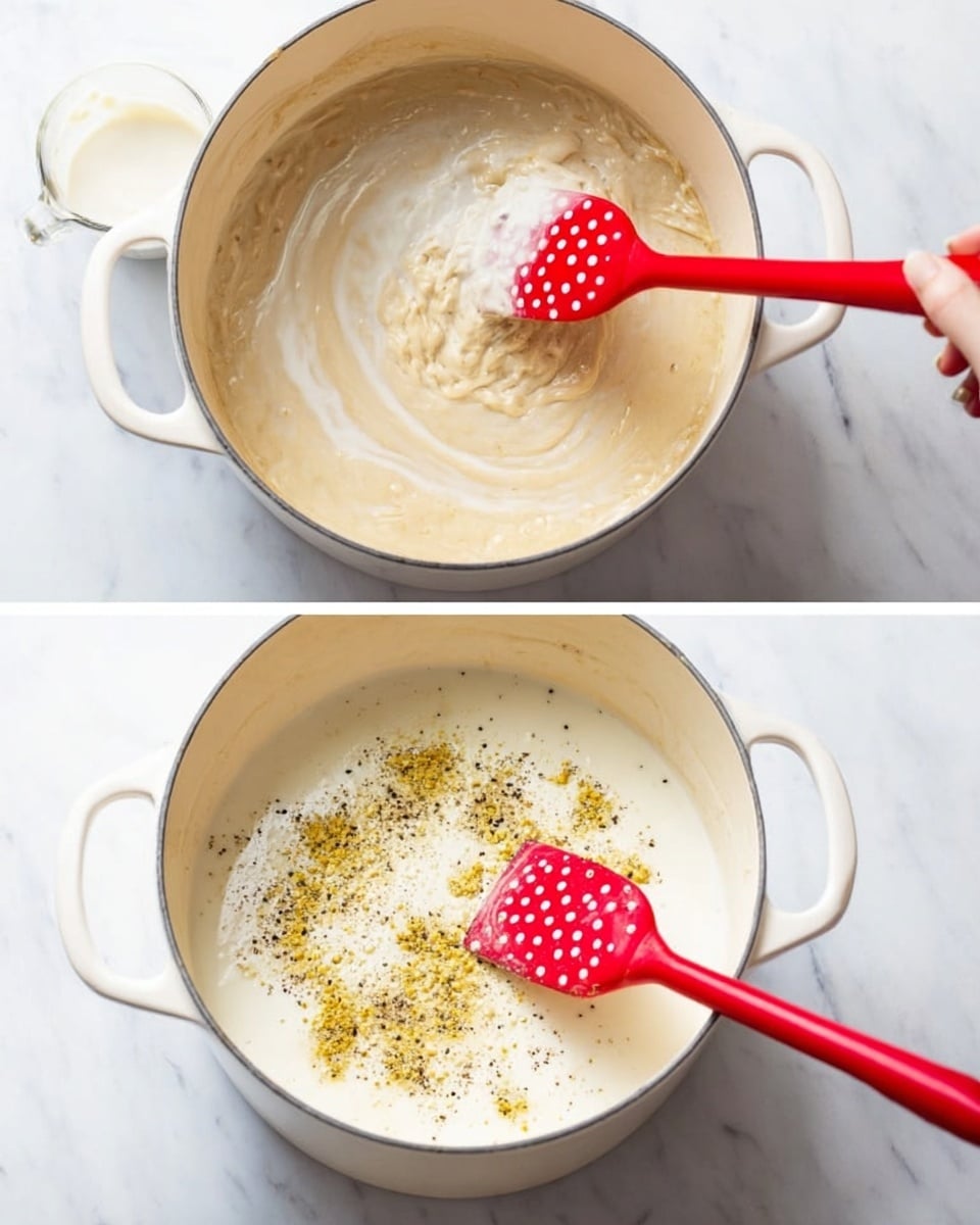 A white pot sits on a white marbled surface showing two mixing stages of a sauce. In the first stage, a thick beige mixture covers the bottom of the pot with a woman's hand holding a red spatula with white polka dots stirring it while white liquid is poured in from a small clear container on the left side. In the second stage, the mixture has turned creamy white and smooth, filling the pot evenly, with black pepper and yellow spices sprinkled on top, and the same red spatula resting inside the pot on the right side. Photo taken with an iphone --ar 4:5 --v 7