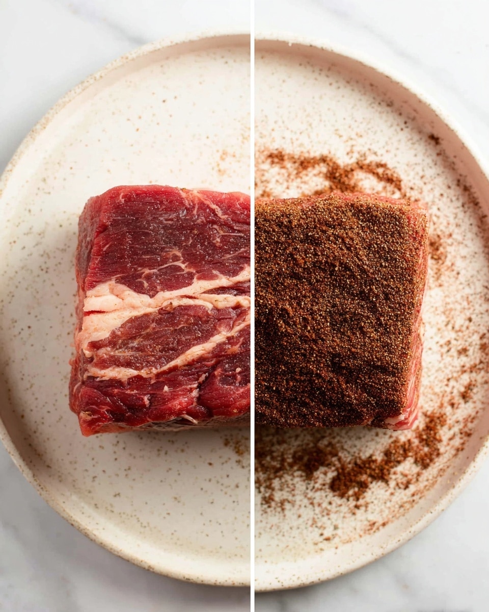 The image shows two views of a thick, square piece of raw meat placed on a white plate with light speckles, set on a white marbled surface. On the left side, the meat is fresh with visible marbling, a mix of dark red and light pink with smooth texture. On the right side, the same piece is covered evenly with a dark brown, coarse spice rub that gives the meat a rough and textured look, with some spice crumbs scattered on the plate's surface around it. The contrast between the fresh meat and spiced meat is clearly visible. photo taken with an iphone --ar 4:5 --v 7