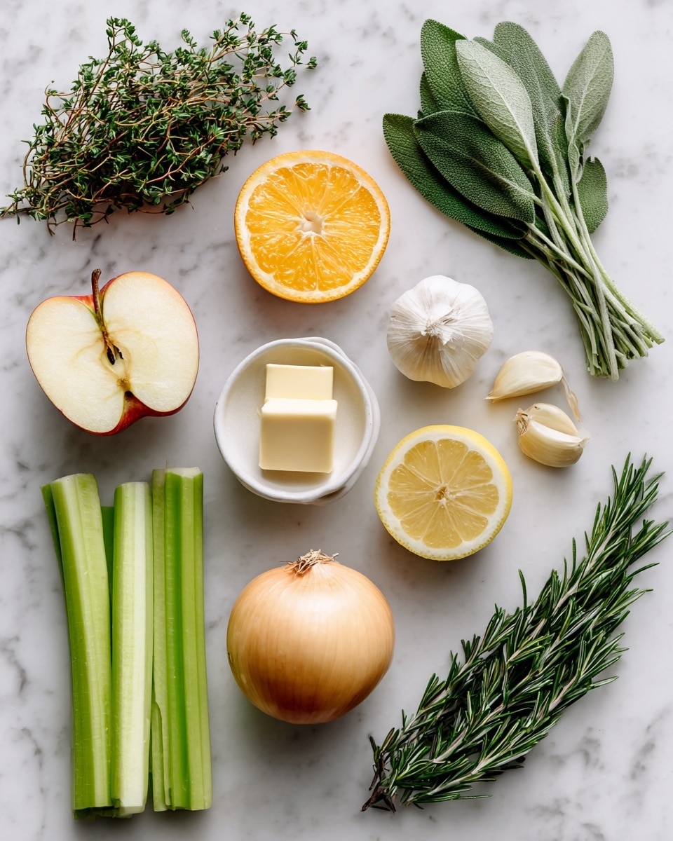The image shows a white marbled surface with various fresh ingredients neatly arranged in a grid-like pattern. At the top left is a small bunch of thyme with green leaves, while to its right is a bundle of sage leaves with a soft green color. Below the thyme is a halved garlic bulb revealing the cloves, next to a sliced orange showing bright orange flesh. Near the center is a sliced apple with red skin and white inside. Just above the center is a small white bowl containing a pale yellow square of butter. To the right of the orange is a halved lemon showing its bright yellow inside, and below it is a round, light brown onion. At the bottom left are three celery stalks with a light green color, and to the bottom right is a bunch of dark green rosemary sprigs. Each ingredient is labeled with simple black text. photo taken with an iphone --ar 4:5 --v 7